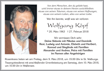 Traueranzeige von Wolfgang Köpf von Allgäuer Zeitung, Füssen