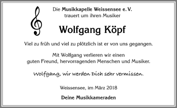 Traueranzeige von Wolfgang Köpf von Allgäuer Zeitung, Füssen