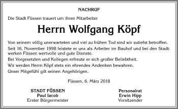 Traueranzeige von Wolfgang Köpf von Allgäuer Zeitung, Füssen