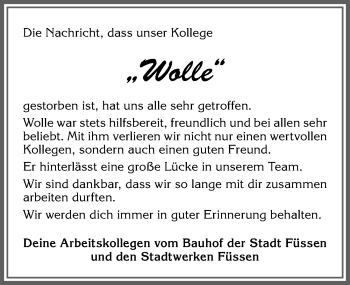 Traueranzeige von Wolfgang Köpf von Allgäuer Zeitung, Füssen
