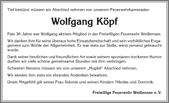 Traueranzeige von Wolfgang Köpf von Allgäuer Zeitung, Füssen