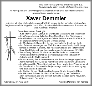 Traueranzeige von Xaver Demmler von Allgäuer Zeitung, Kaufbeuren/Buchloe