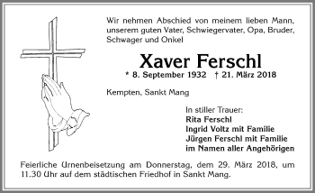Traueranzeige von Xaver Ferschl von Allgäuer Zeitung,Kempten