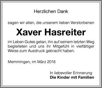 Traueranzeige von Xaver Hasreiter von Memminger Zeitung