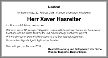Traueranzeige von Xaver Hasreiter von Memminger Zeitung
