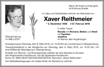 Traueranzeige von Xaver Reithmeier von Allgäuer Zeitung, Marktoberdorf