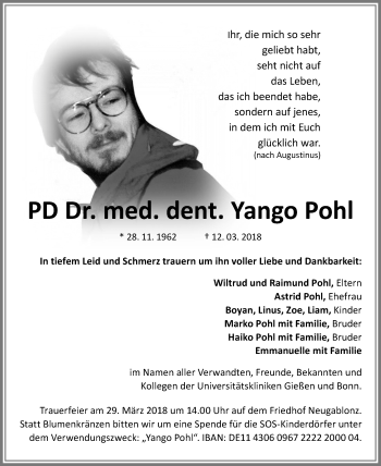 Traueranzeige von Yango Pohl von Allgäuer Zeitung, Kaufbeuren/Buchloe