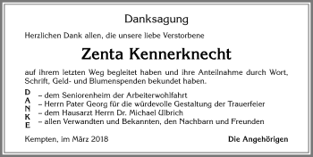 Traueranzeige von Zenta Kennerknecht von Allgäuer Zeitung,Kempten