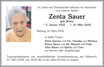 Traueranzeige von Zenta Sauer von Allgäuer Zeitung,Kempten