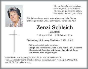 Traueranzeige von Zenzi Schleich von Allgäuer Zeitung, Marktoberdorf