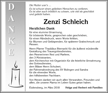 Traueranzeige von Zenzi Schleich von Allgäuer Zeitung, Marktoberdorf