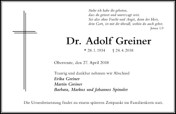 Traueranzeige von Adolf Greiner von Der Westallgäuer