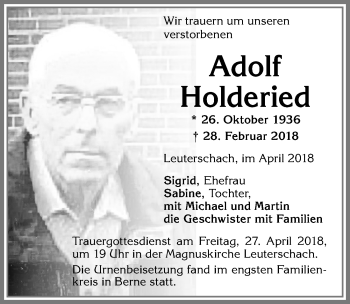 Traueranzeige von Adolf Holderied von Allgäuer Zeitung, Marktoberdorf