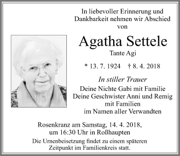 Traueranzeige von Agatha Settele von Allgäuer Zeitung, Füssen