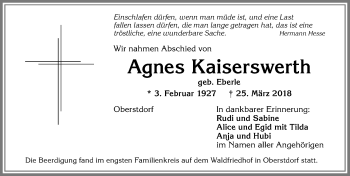 Traueranzeige von Agnes Kaiserswerth von Allgäuer Anzeigeblatt