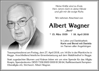 Traueranzeige von Albert Wagner von Allgäuer Zeitung,Kempten
