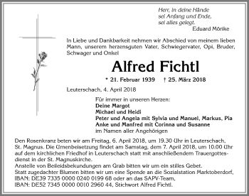 Traueranzeige von Alfred Fichtl von Allgäuer Zeitung, Marktoberdorf