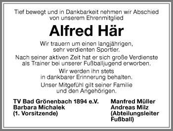 Traueranzeige von Alfred Här von Memminger Zeitung