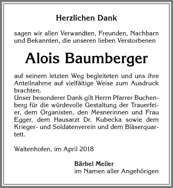 Traueranzeige von Alois Baumberger von Allgäuer Zeitung,Kempten