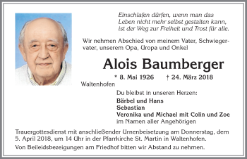 Traueranzeige von Alois Baumberger von Allgäuer Zeitung,Kempten