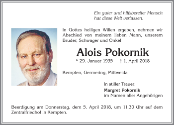 Traueranzeige von Alois Pokornik von Allgäuer Zeitung,Kempten
