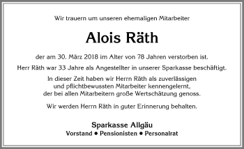 Traueranzeige von Alois Räth von Allgäuer Zeitung