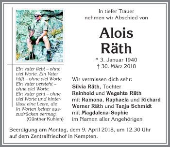 Traueranzeige von Alois Räth von Allgäuer Zeitung