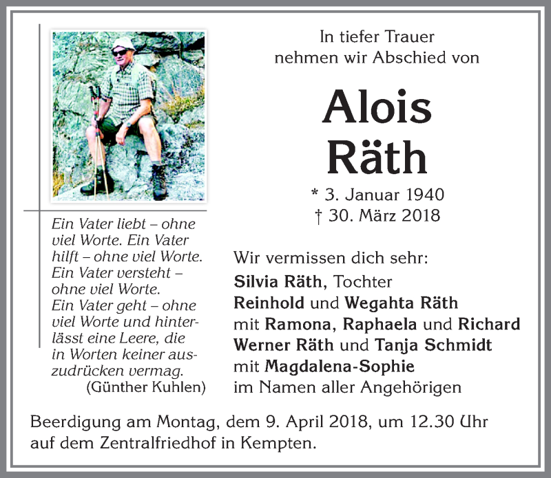  Traueranzeige für Alois Räth vom 05.04.2018 aus Allgäuer Zeitung
