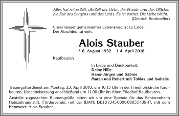 Traueranzeige von Alois Stauber von Allgäuer Zeitung, Kaufbeuren/Buchloe