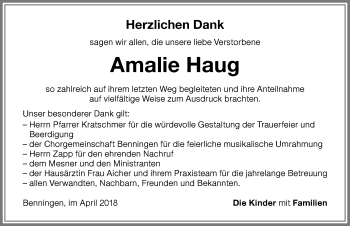 Traueranzeige von Amalie Haug von Memminger Zeitung