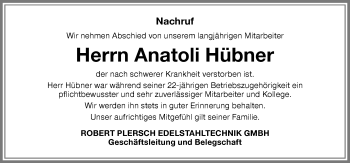 Traueranzeige von Anatoli Hübner von Memminger Zeitung