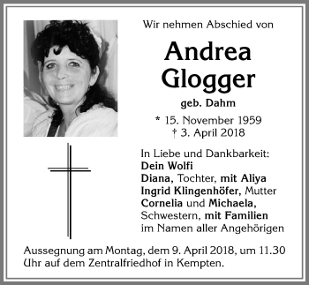 Traueranzeige von Andrea Glogger von Allgäuer Zeitung,Kempten