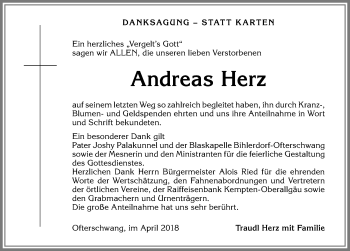Traueranzeige von Andreas Herz von Allgäuer Anzeigeblatt