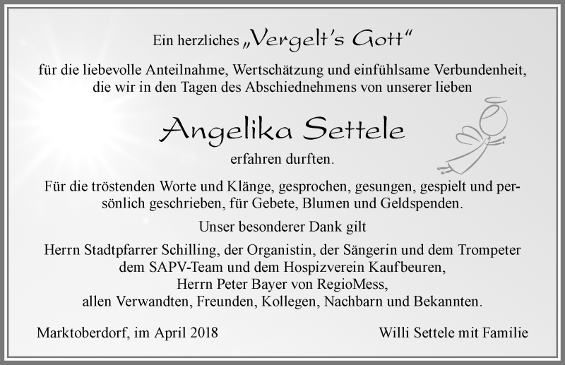  Traueranzeige für Angelika Settele vom 05.04.2018 aus Allgäuer Zeitung, Marktoberdorf