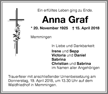 Traueranzeige von Anna Graf von Memminger Zeitung