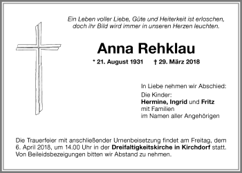 Traueranzeige von Anna Rehklau von Memminger Zeitung