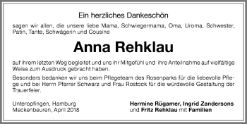 Traueranzeige von Anna Rehklau von Memminger Zeitung