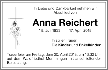 Traueranzeige von Anna Reichert von Memminger Zeitung