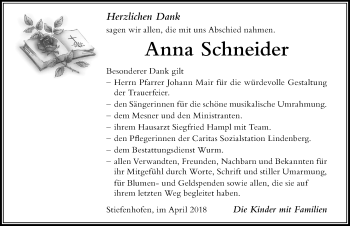Traueranzeige von Anna Schneider von Der Westallgäuer