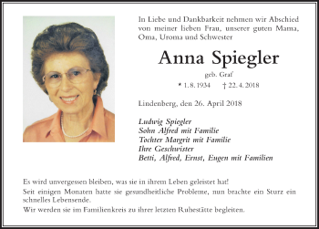 Traueranzeige von Anna Spiegler von Der Westallgäuer