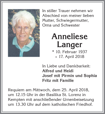 Traueranzeige von Anneliese Langer von Allgäuer Zeitung,Kempten