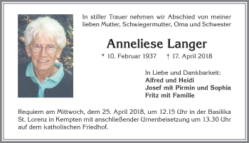 Traueranzeige von Anneliese Langer von Allgäuer Anzeigeblatt
