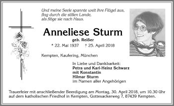 Traueranzeige von Anneliese Sturm von Allgäuer Zeitung