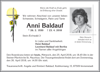 Traueranzeige von Anni Baldauf von Allgäuer Anzeigeblatt