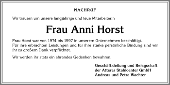 Traueranzeige von Anni Horst von Allgäuer Zeitung, Marktoberdorf