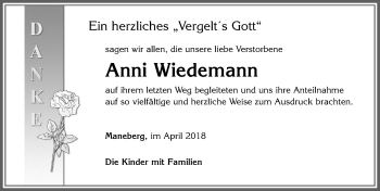 Traueranzeige von Anni Wiedemann von Allgäuer Zeitung, Marktoberdorf