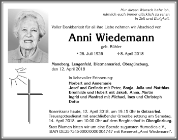 Traueranzeige von Anni Wiedemann von Allgäuer Zeitung, Marktoberdorf