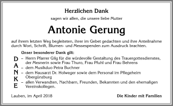 Traueranzeige von Antonie Gerung von Allgäuer Zeitung,Kempten