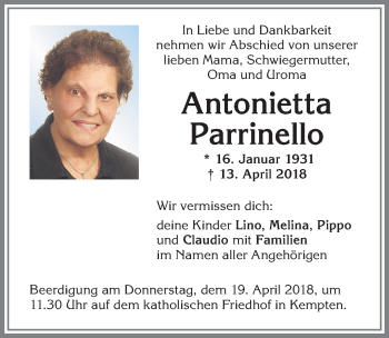 Traueranzeige von Antonietta Parrinello von Allgäuer Zeitung,Kempten
