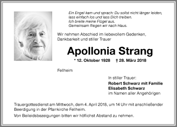 Traueranzeige von Apollonia Strang von Memminger Zeitung